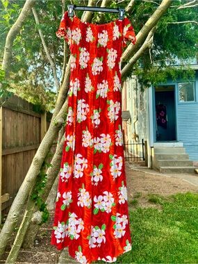 Tomato Red Orange Magnolia Floral ruched Maxi Midi Offshoulder Sundress S/M doen